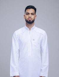 Amaani Edge Kids Mandarin Thobe, White, model wearing the matching men's Edge, full length front