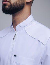 Amaani Edge Kids Mandarin Thobe, White, shoulder detailing and collar on model