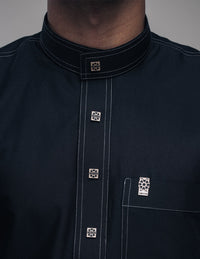 Amaani Royal Kids Saudi Thobe, Black, collar and placket stitching on the matching men's Royal
