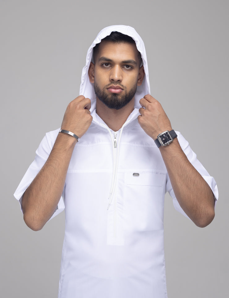 Amaani Drift Kids Hooded Short Sleeve Thobe, White, model with the hood up, front view