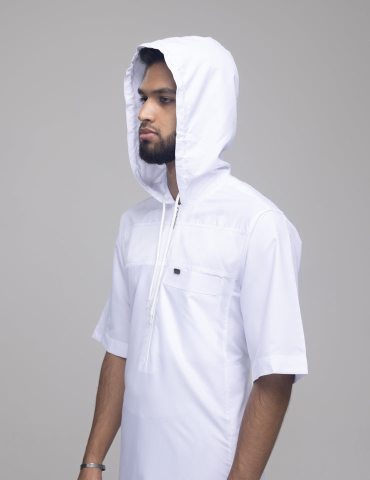 Amaani Drift Kids Hooded Short Sleeve Thobe, White, model with the hood up, side profile