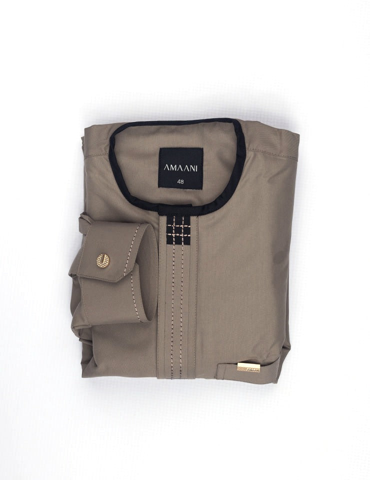 Amaani Dune Kids Collarless Thobe, Beige, folded kids thobe flat lay showing neckline and placket panel