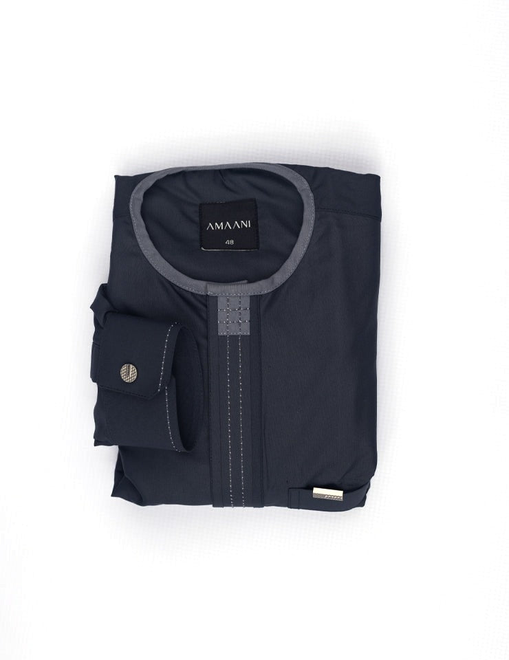 Amaani Dune Kids Collarless Thobe, Grey, folded kids thobe flat lay showing neckline and placket panel