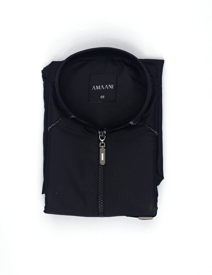 Amaani Edge Kids Mandarin Thobe, Black, folded kids thobe flat lay showing mandarin collar and signature zip