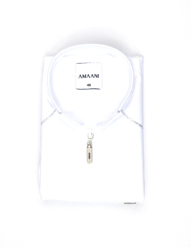 Amaani Edge Kids Mandarin Thobe, White, folded kids thobe flat lay showing mandarin collar and signature zip