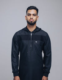 Amaani Drift Kids Hooded Thobe, Black, model wearing the hooded thobe, full length front