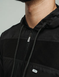 Amaani Drift Kids Hooded Thobe, Black, chest detailing and drawcord close up