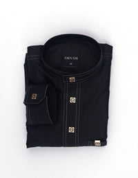 Amaani Royal Kids Saudi Thobe, Black, folded kids thobe flat lay showing collar stitching and placket buttons