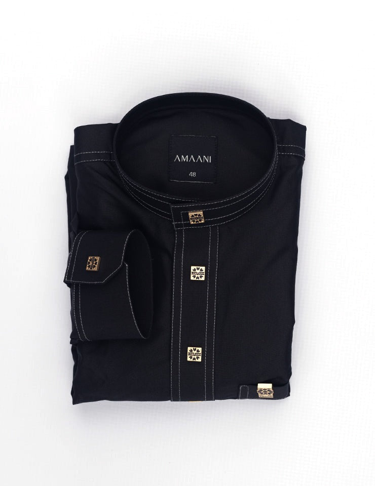 Amaani Royal Kids Saudi Thobe, Black, folded kids thobe flat lay showing collar stitching and placket buttons