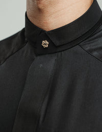 Amaani Stark Kids Designer Thobe, Black, collar and shoulder patterning on model