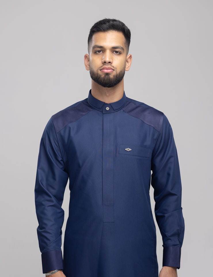 Amaani Stark Kids Designer Thobe, Navy, matching men's Stark worn on model, collar and shoulder contrast
