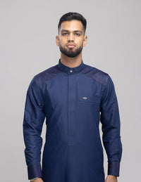 Amaani Stark Kids Designer Thobe, Navy, matching men's Stark worn on model, collar and shoulder contrast
