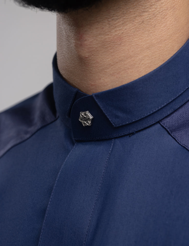 Amaani Stark Kids Designer Thobe, Navy, collar and signature button close up
