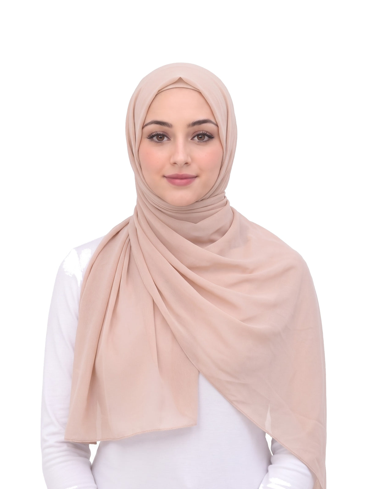 Beige Imaarah Ninja Chiffon Shawl, front view, scarf wrapped and draped