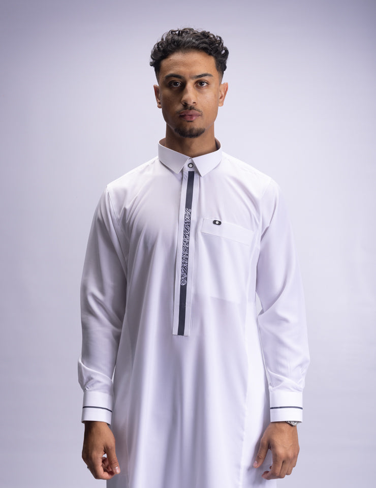 Amaani Ace Embroidered Thobe, White, model, full length front