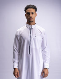 Amaani Ace Embroidered Thobe, White, model, full length front
