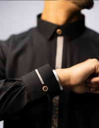 Amaani Ace Embroidered Thobe, Black, collar and cuff detailing on model