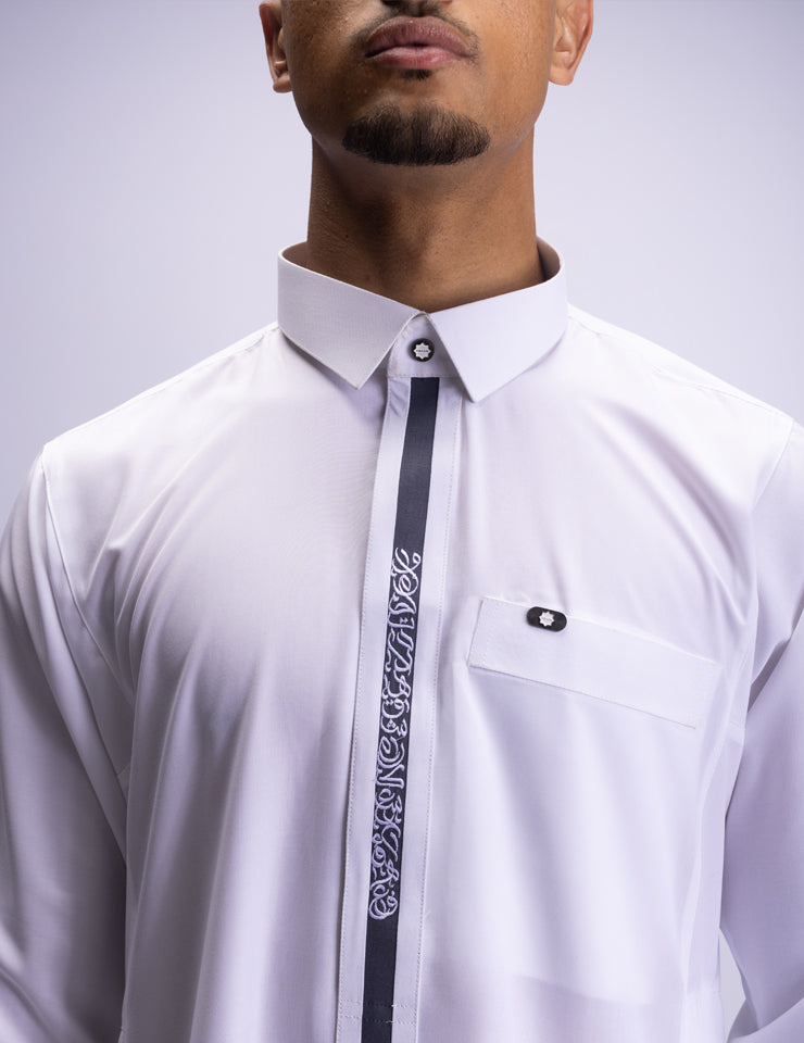 Amaani Ace Embroidered Thobe, White, shirt collar and embroidered placket on model