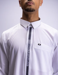 Amaani Ace Embroidered Thobe, White, shirt collar and embroidered placket on model