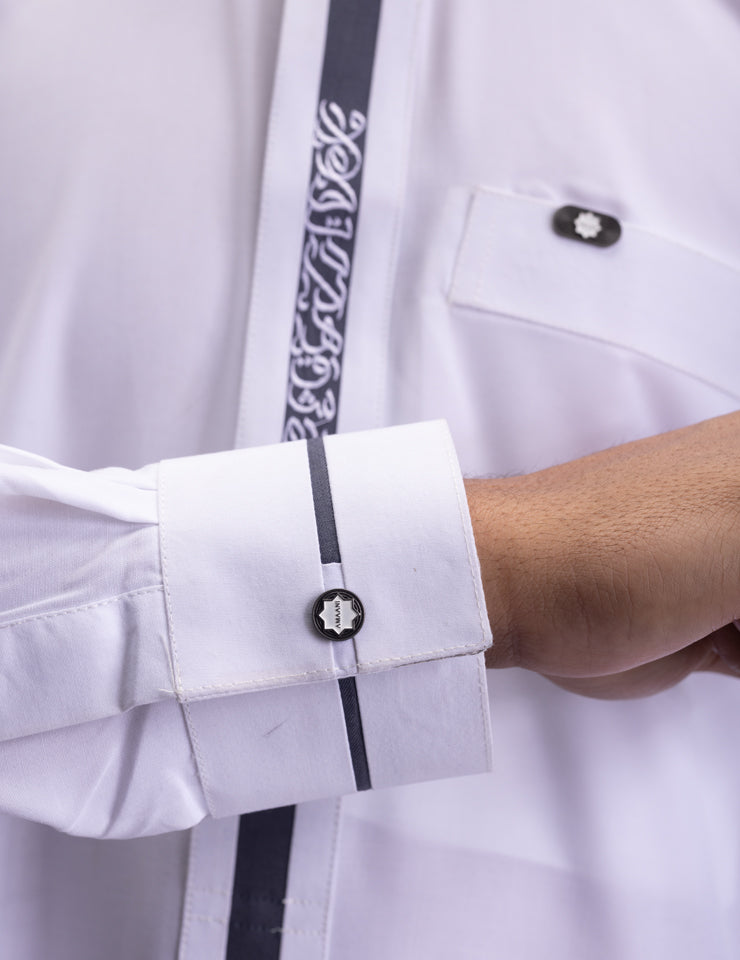 Amaani Ace Embroidered Thobe, White, cuff and signature button detail