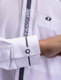 Amaani Ace Embroidered Thobe, White, cuff and signature button detail
