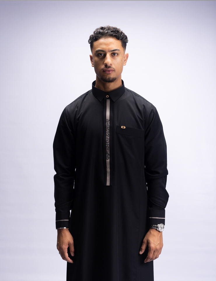 Amaani Ace Embroidered Thobe, Black, model, full length front