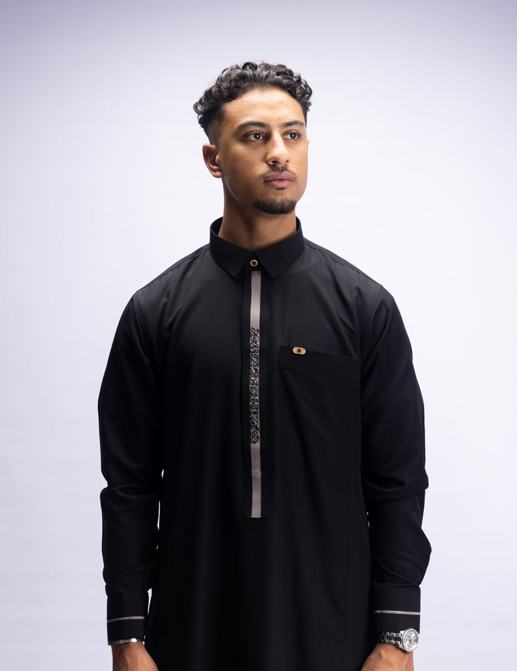 Amaani Ace Embroidered Thobe, Black, model, front, contrast placket detail