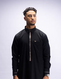 Amaani Ace Embroidered Thobe, Black, model, front, contrast placket detail
