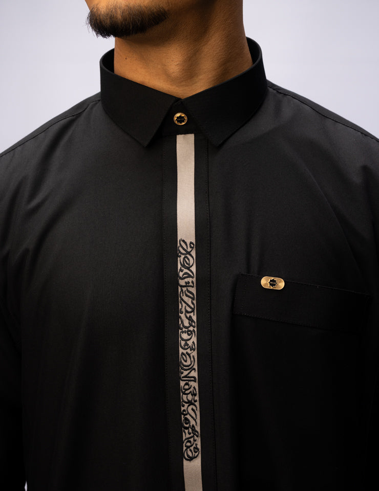Amaani Ace Embroidered Thobe, Black, collar and embroidered placket on model