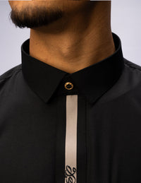 Amaani Ace Embroidered Thobe, Black, shirt collar close up