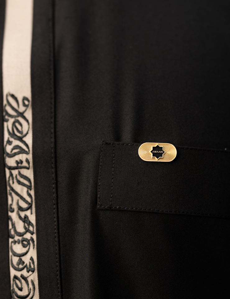 Amaani Ace Embroidered Thobe, Black, placket embroidery and top pocket close up