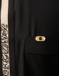 Amaani Ace Embroidered Thobe, Black, placket embroidery and top pocket close up