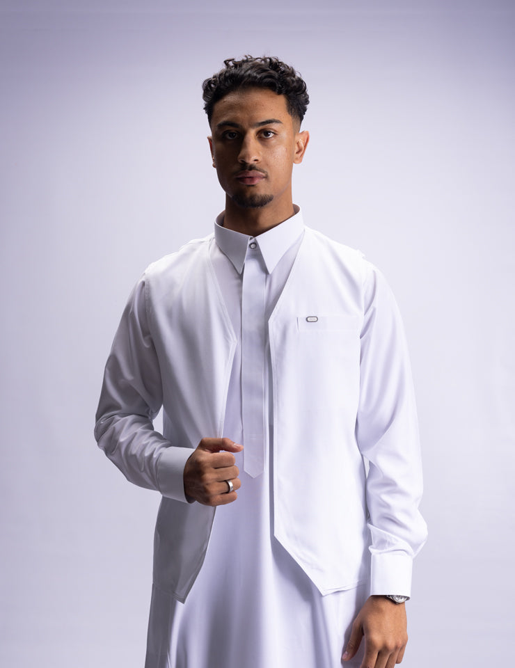 Amaani Ameer Thobe & Waistcoat Set, Alabaster, model, full length front, thobe with waistcoat