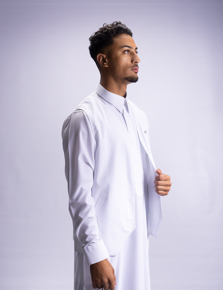 Amaani Ameer Thobe & Waistcoat Set, Alabaster, model, side profile, thobe with waistcoat