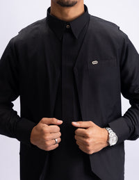 Amaani Ameer Thobe & Waistcoat Set, Black, waistcoat and thobe layering on model