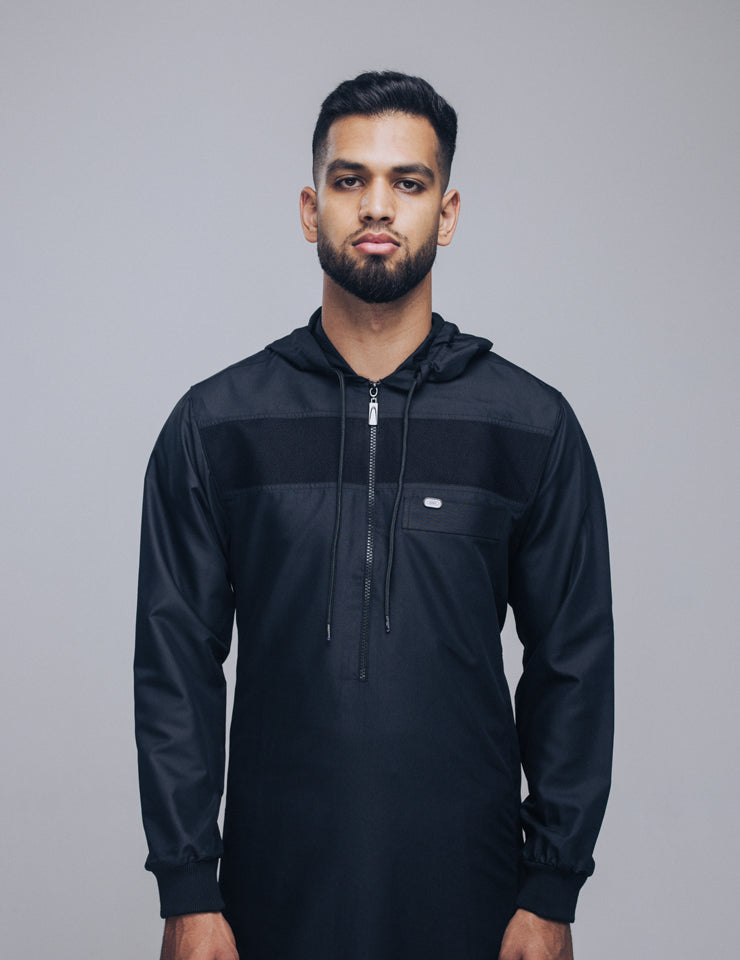 Amaani Drift Hooded Thobe, Black, model, full length front