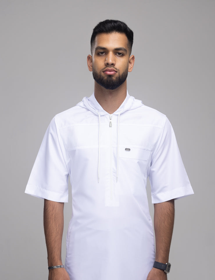 Amaani Drift Short Sleeve Thobe, White, model, full length front