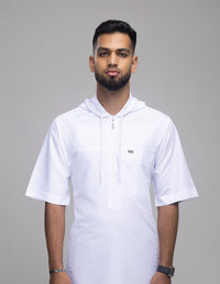Amaani Drift Short Sleeve Thobe, White, model, full length front