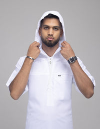 Amaani Drift Short Sleeve Thobe, White, model with hood up