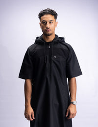 Amaani Drift Short Sleeve Thobe, Black, model, full length front