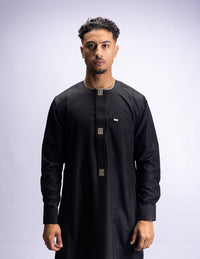 Amaani Dune Collarless Thobe, Black, model, full length front