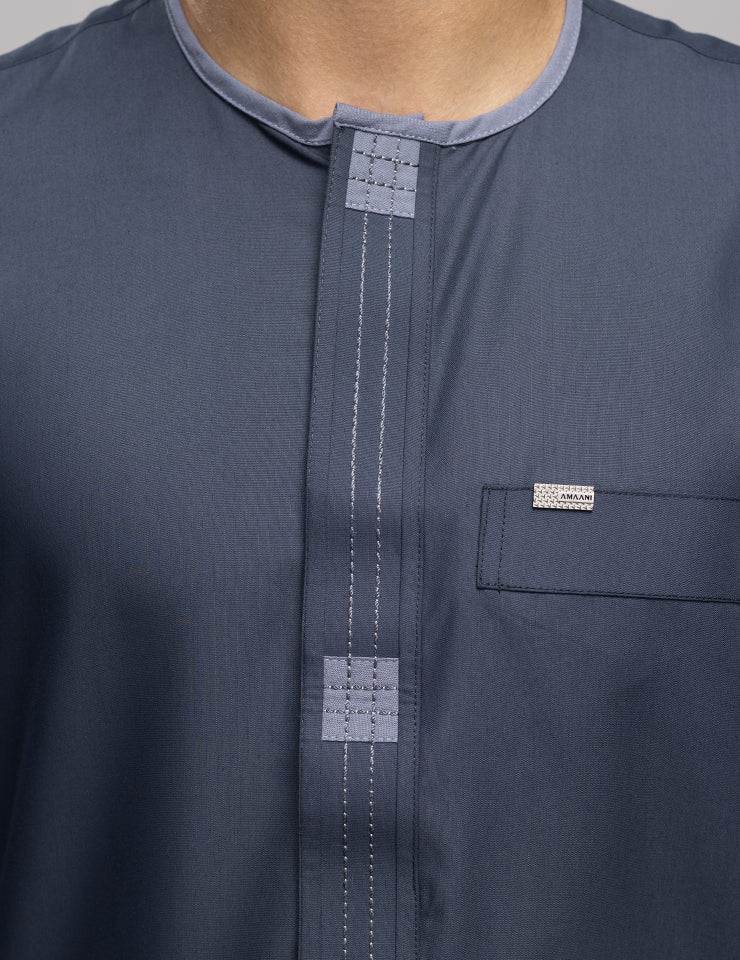 Amaani Dune Collarless Thobe, Grey, collarless neckline and placket detailing on model