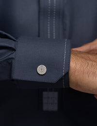 Amaani Dune Collarless Thobe, Grey, cuff and signature button close up