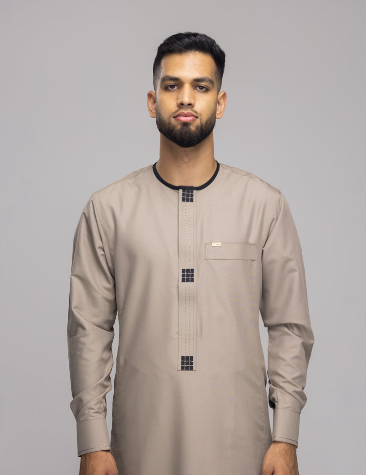 Amaani Dune Collarless Thobe, Beige, model, full length front