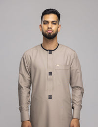 Amaani Dune Collarless Thobe, Beige, model, full length front