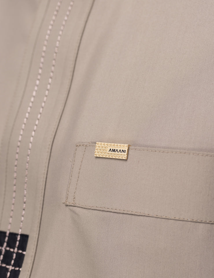Amaani Dune Collarless Thobe, Beige, placket detailing and top pocket close up