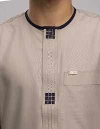 Amaani Dune Collarless Thobe, Beige, collarless neckline and placket on model