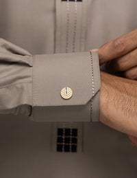Amaani Dune Collarless Thobe, Beige, cuff and signature button close up