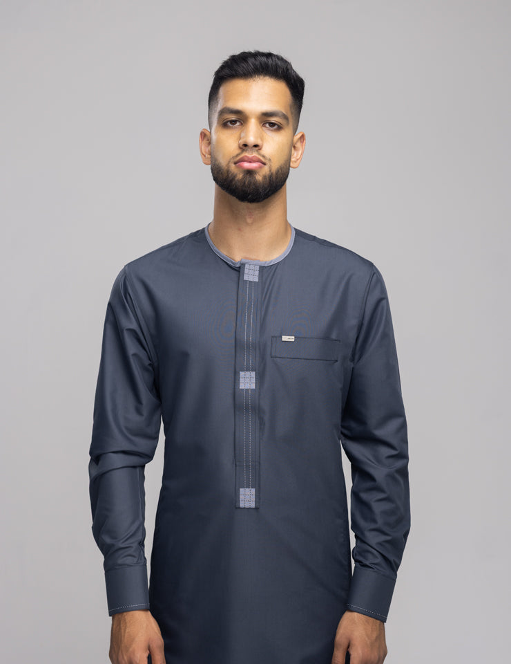 Amaani Dune Collarless Thobe, Grey, model, full length front