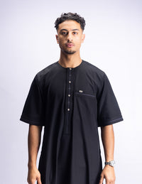 Amaani Eclipse Short Sleeve Thobe, Black, model, full length front